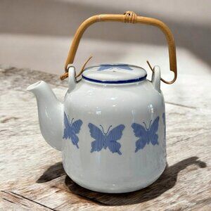 Vandor Importers Japan Butterfly Teapot White Blue Ceramic Wooden Handle Retro